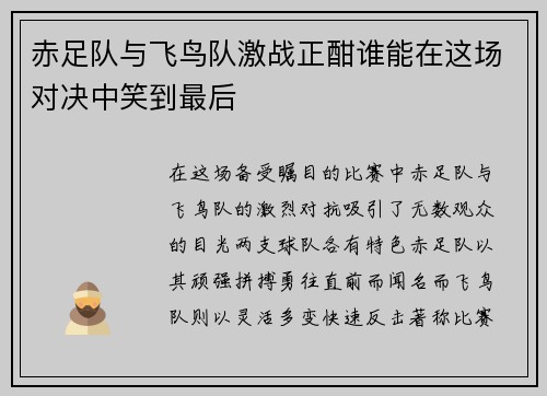 赤足队与飞鸟队激战正酣谁能在这场对决中笑到最后